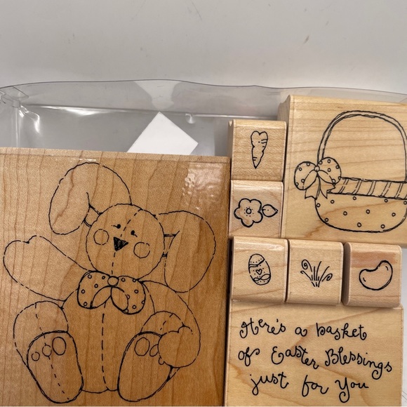 Wood Rubber Stamp Set of 8 Bunny Basket Jelly Bean Egg Easter Theme JRL Design. - Picture 1 of 5